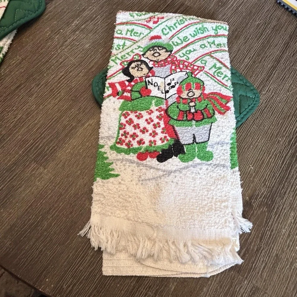 Vintage Christmas Kitchen Towel‎ Set Hot Pad Pot Holder Dish Cloth NOS Carolers